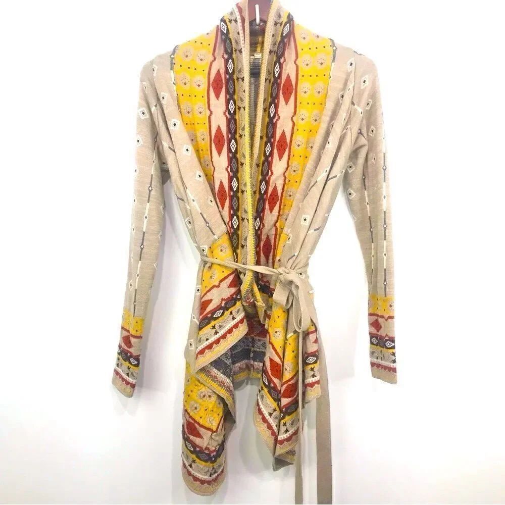Anthropologie Freeway Tan Tribal Ethnic Drape Front Tie Sash Knit Cardigan